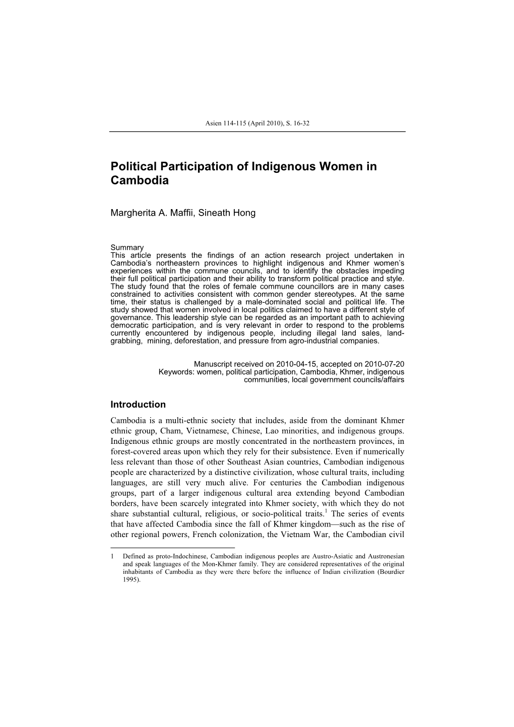 Political Participation of Indigenous Women in Cambodia