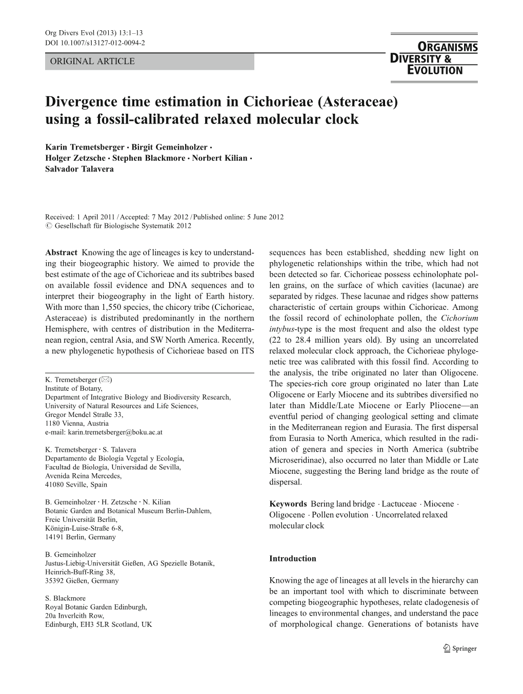 Divergence Time Estimation in Cichorieae (Asteraceae) Using a Fossil-Calibrated Relaxed Molecular Clock