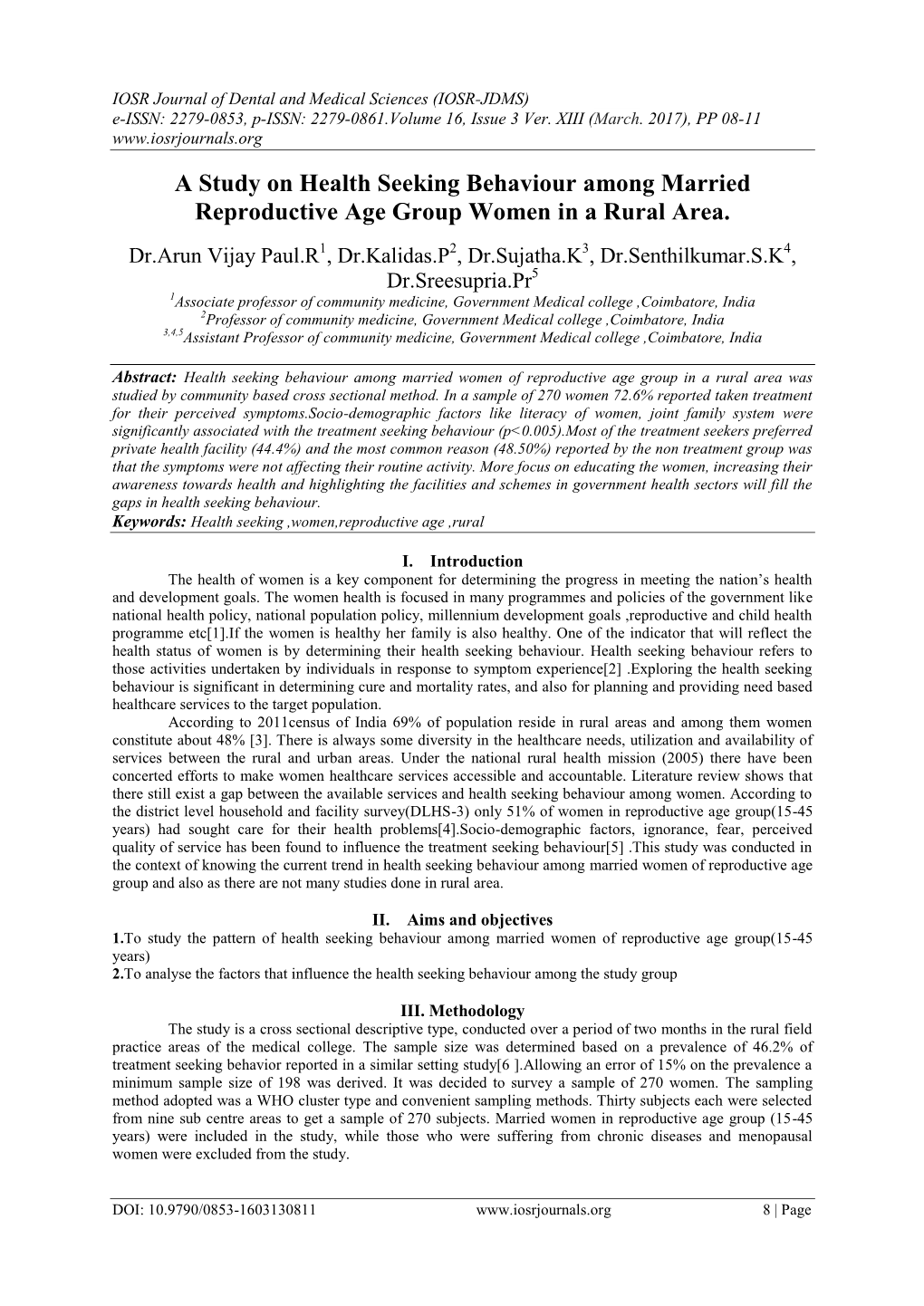 A Study on Health Seeking Behaviour Among Married Reproductive Age Group Women in a Rural Area