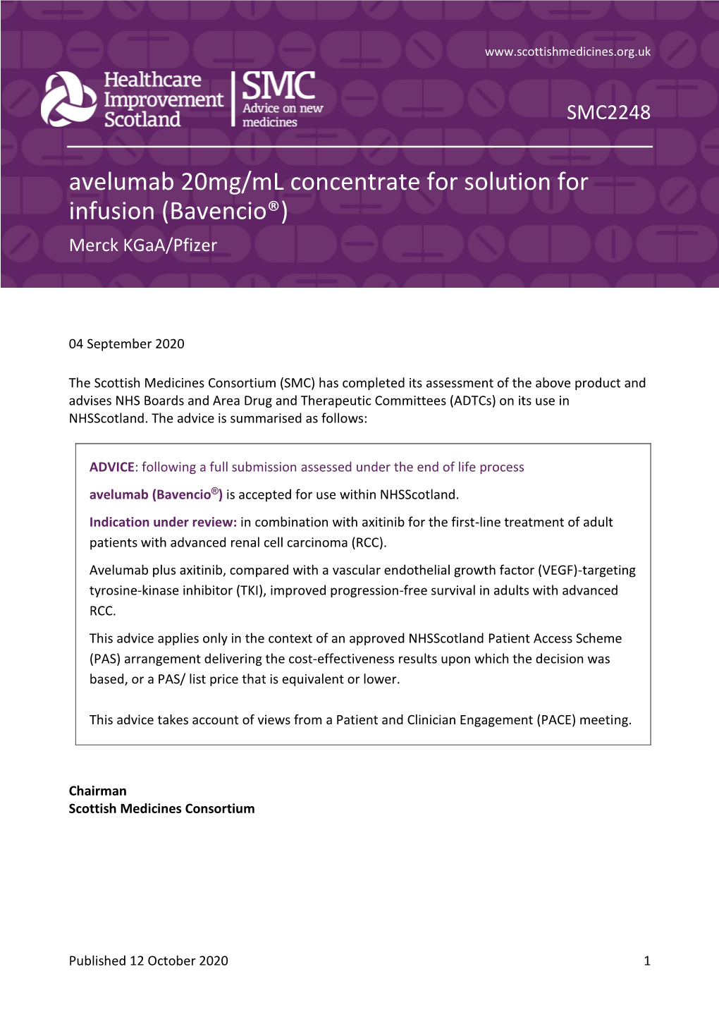 Avelumab 20Mg/Ml Concentrate for Solution for Infusion (Bavencio®) Merck Kgaa/Pfizer