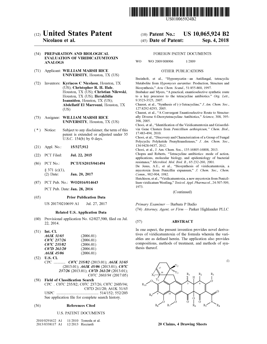 C12) United States Patent (IO) Patent No.: US 10,065,924 B2 Nicolaou Et Al