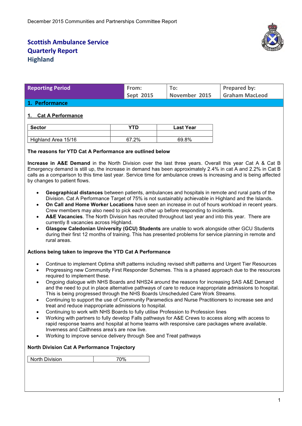 Scottish Ambulance Service Quarterly Report Highland