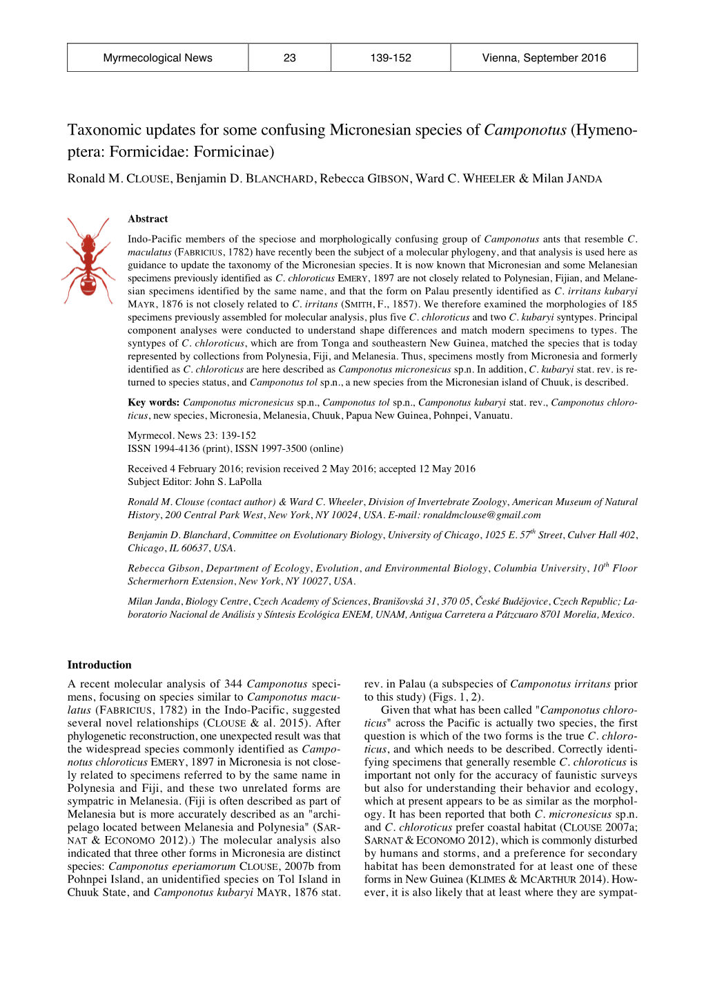 Taxonomic Updates for Some Confusing Micronesian Species of Camponotus (Hymeno- Ptera: Formicidae: Formicinae)