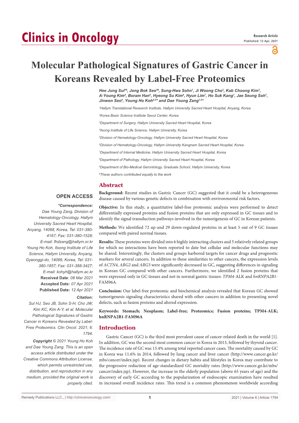 Molecular Pathological Signatures of Gastric Cancer in Koreans Revealed by Label-Free Proteomics