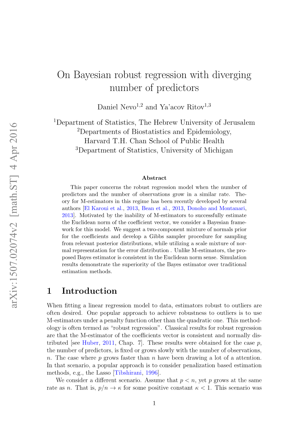 On Bayesian Robust Regression with Diverging Number of Predictors