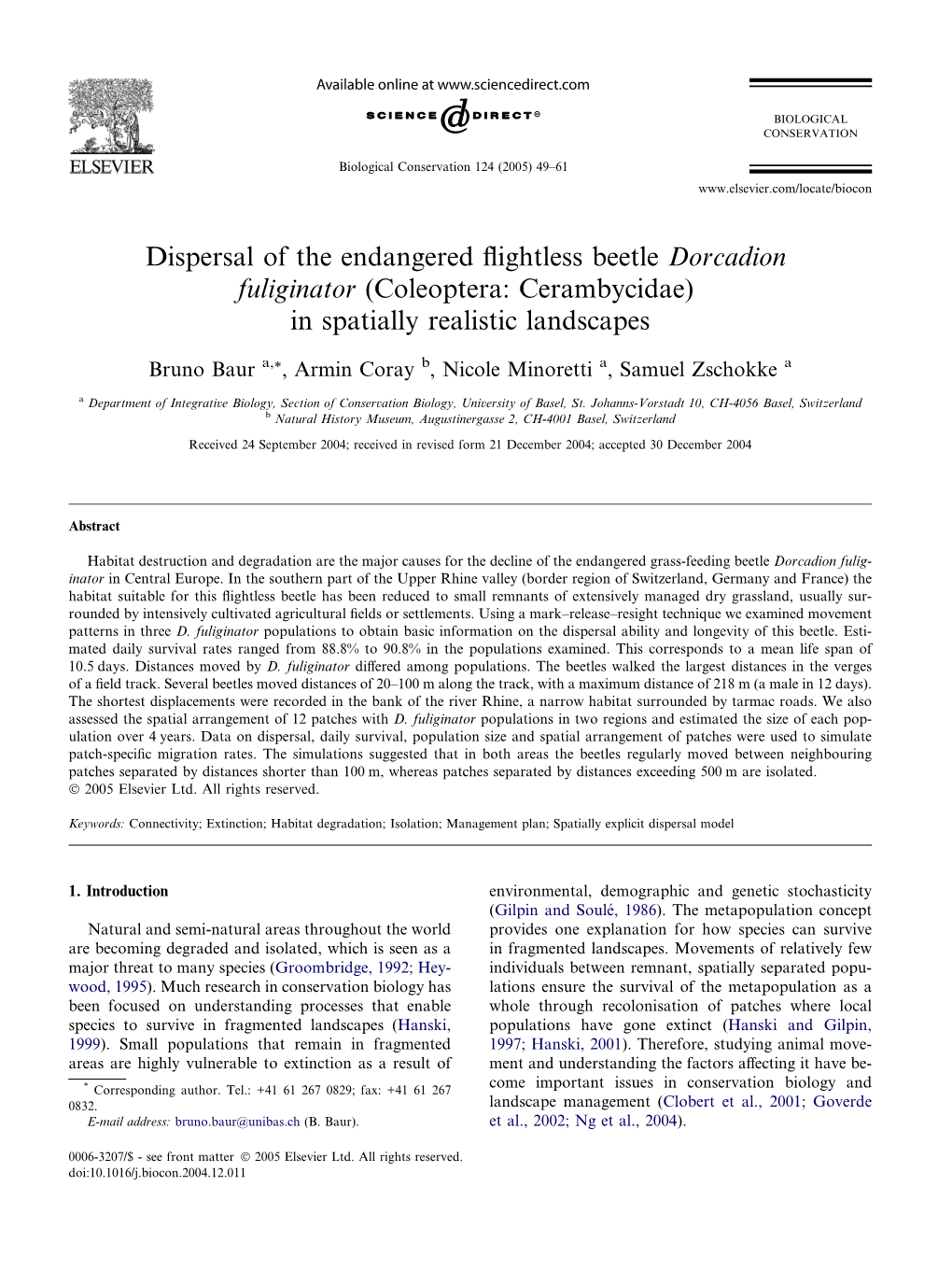 Dispersal of the Endangered Flightless Beetle Dorcadion Fuliginator