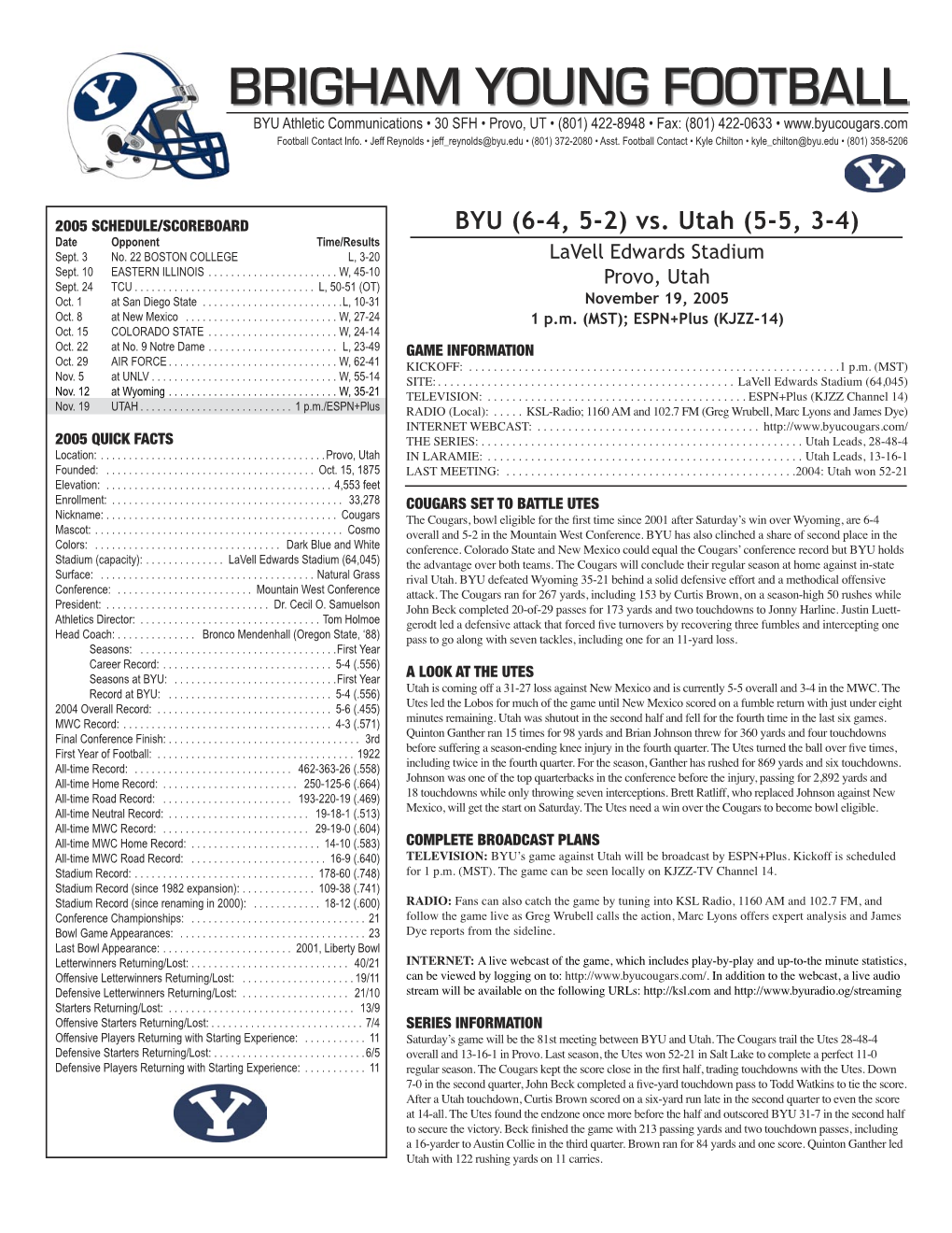 BRIGHAM YOUNG FOOTBALL BYU Athletic Communications • 30 SFH • Provo, UT • (801) 422-8948 • Fax: (801) 422-0633 • Football Contact Info