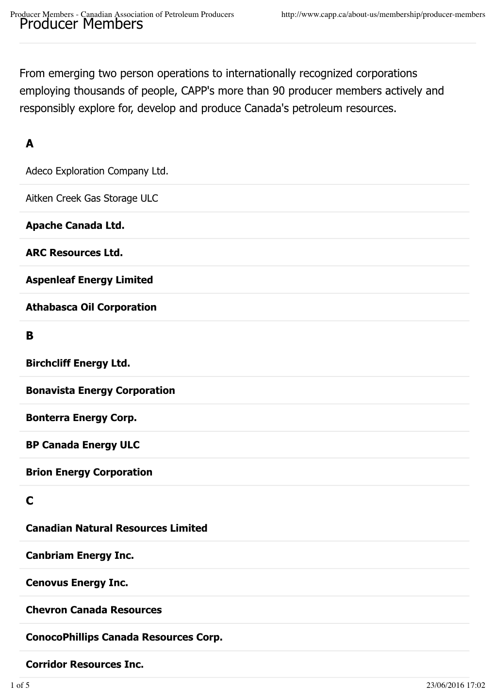 Canadian Association of Petroleum Producers Producer Members