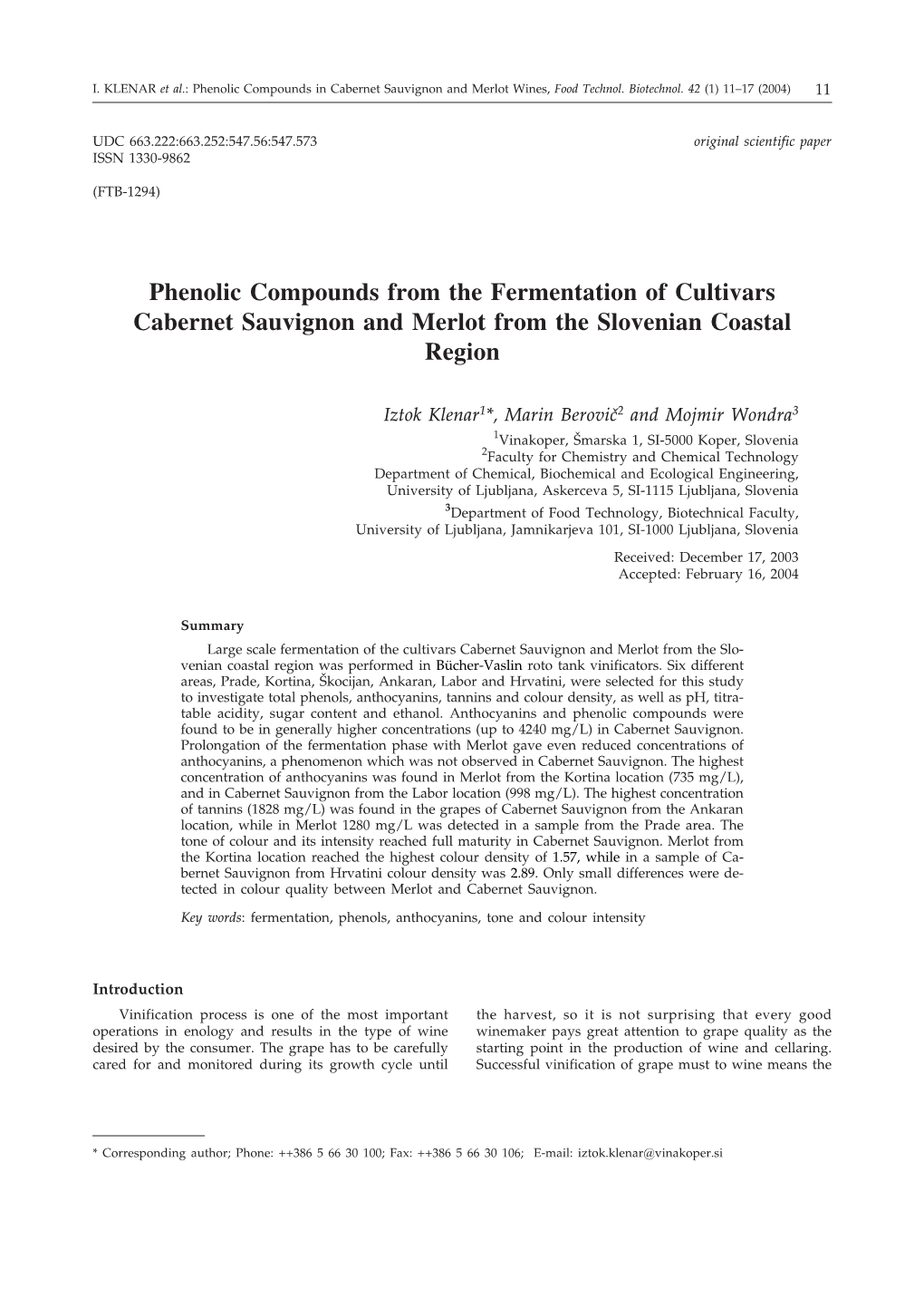 Phenolic Compounds from the Fermentation of Cultivars Cabernet Sauvignon and Merlot from the Slovenian Coastal Region