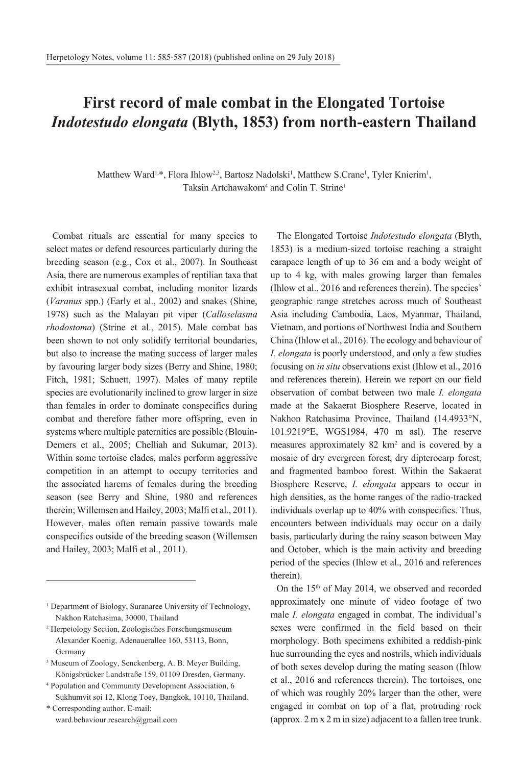 First Record of Male Combat in the Elongated Tortoise Indotestudo Elongata (Blyth, 1853) from North-Eastern Thailand