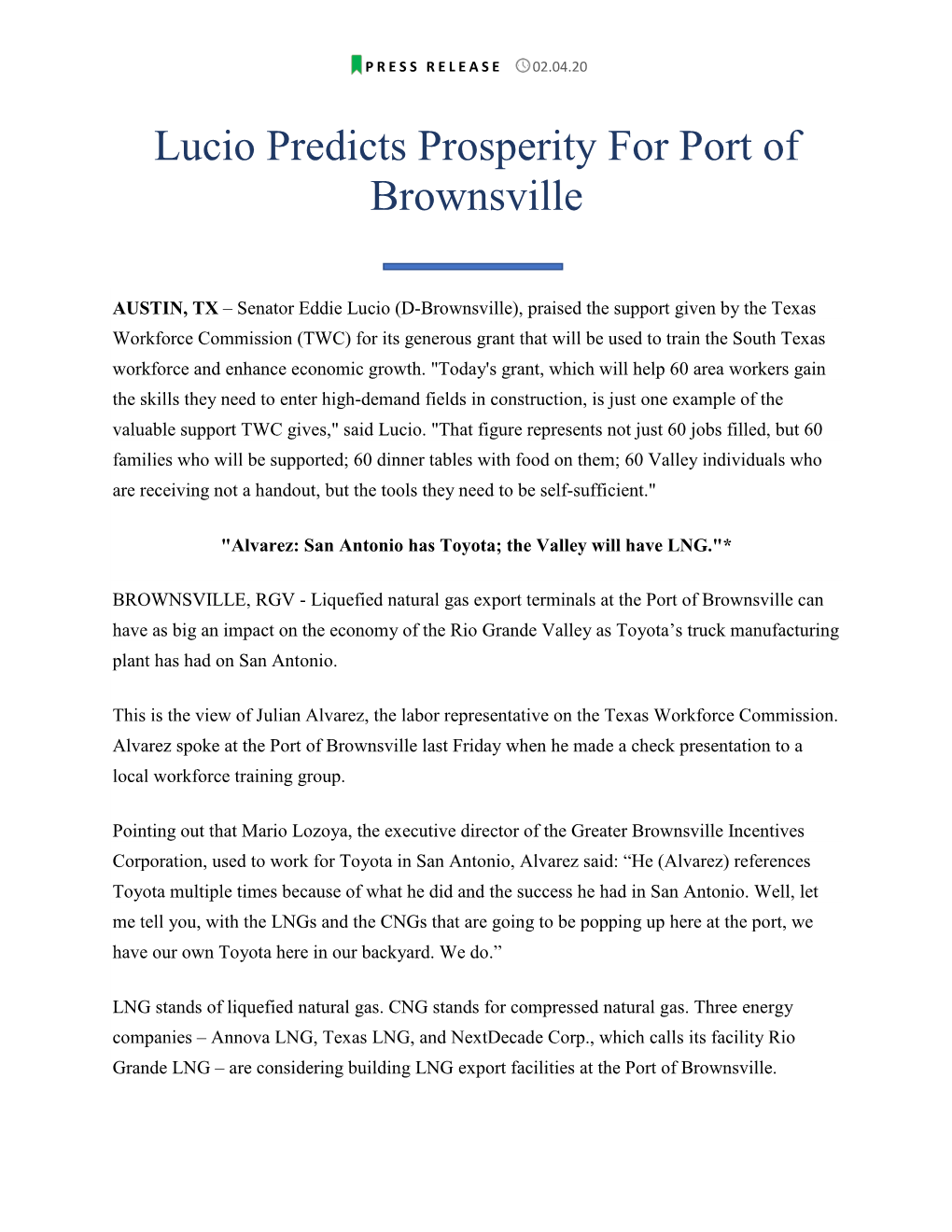 Lucio Predicts Prosperity for Port of Brownsville