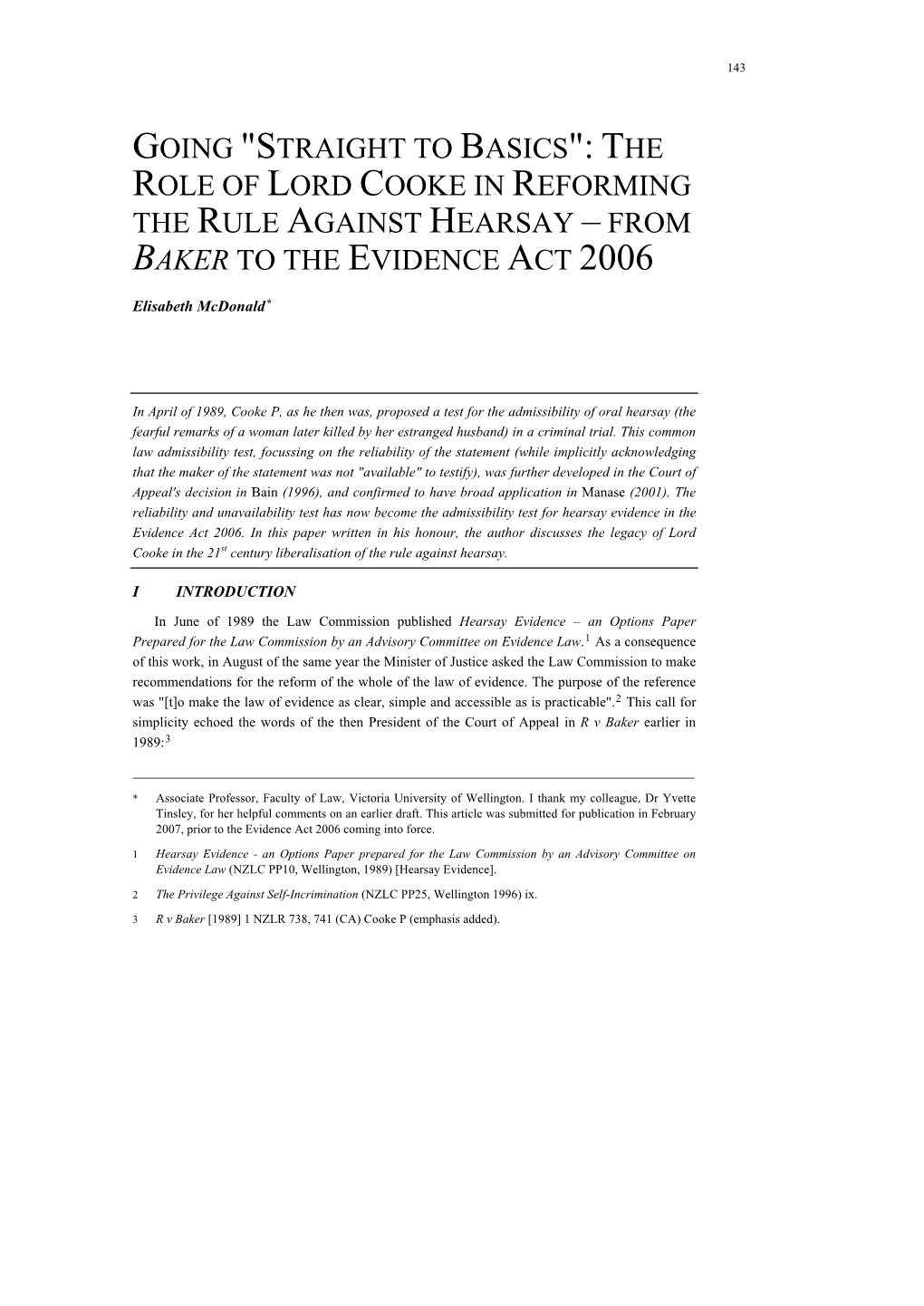 The Role of Lord Cooke in Reforming the Hearsay Rule