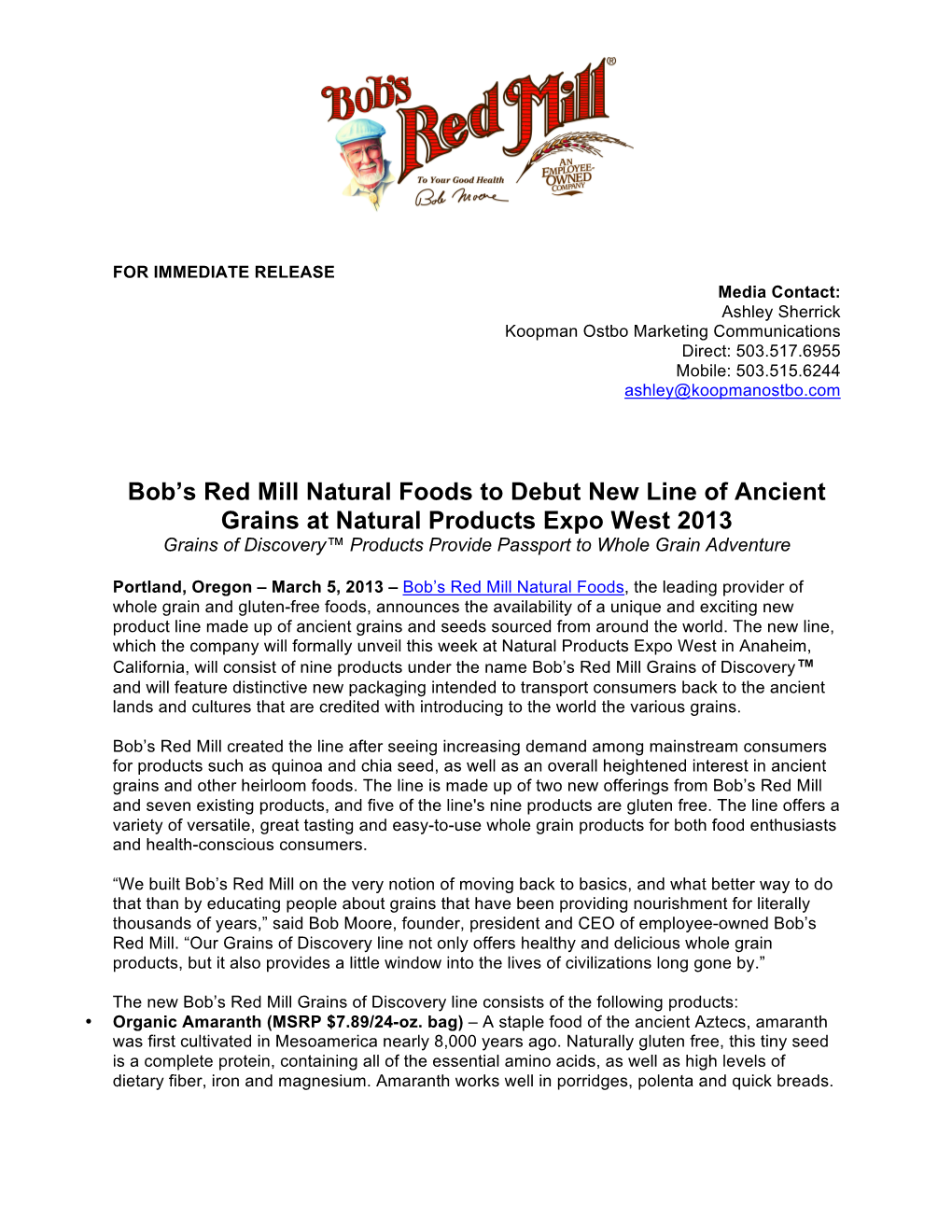 Bob's Red Mill Natural Foods to Debut New Line of Ancient Grains At