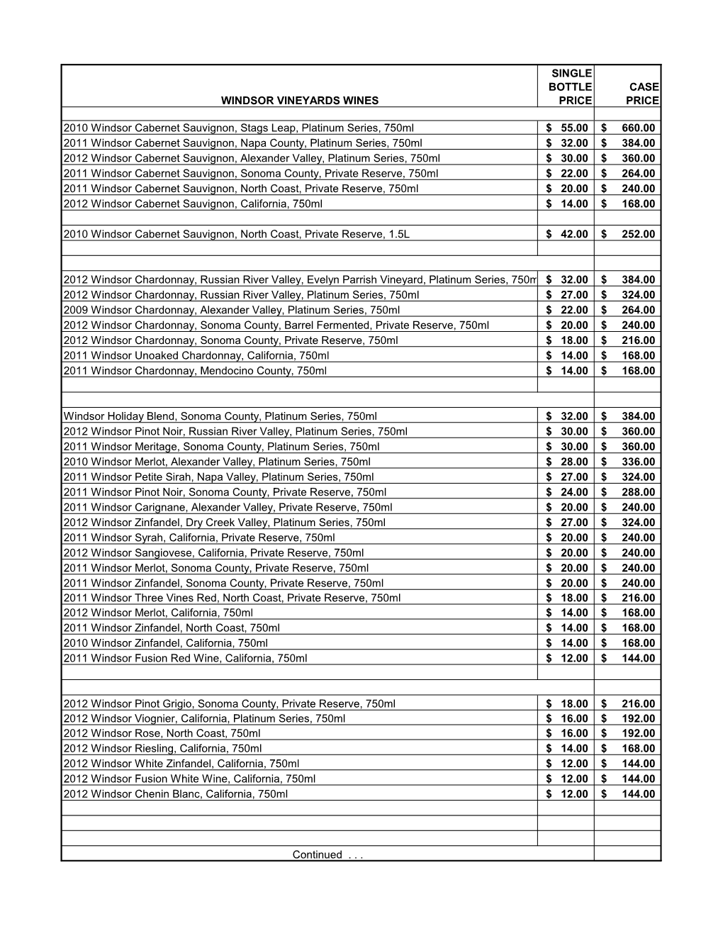 Windsor Vineyards Wines Single Bottle Price Case