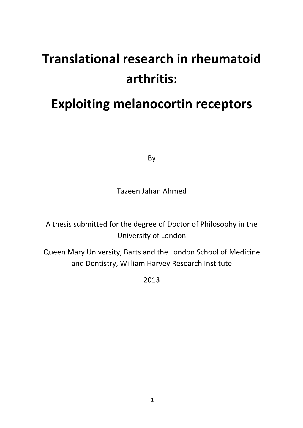 Translational Research in Rheumatoid Arthritis: Exploiting Melanocortin Receptors