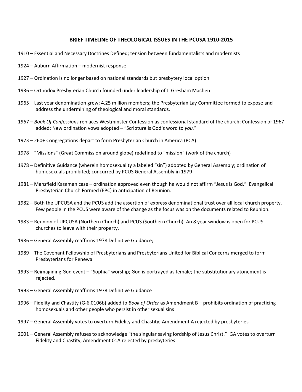 Brief Timeline of Theological Issues in the Pcusa 1910-2015