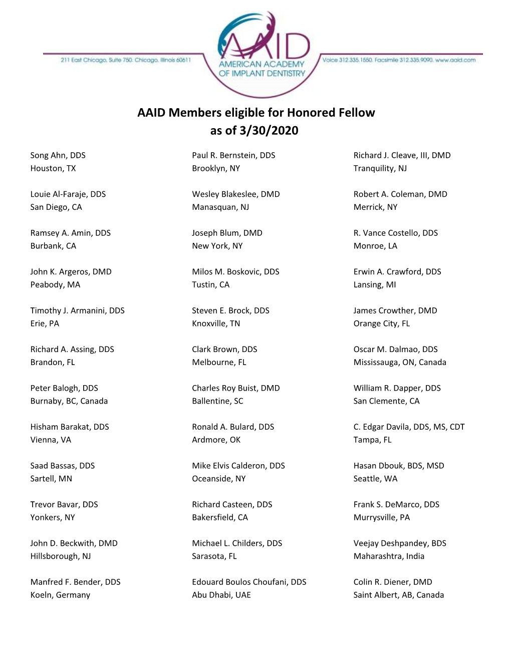 AAID Members Eligible for Honored Fellow As of 3/30/2020