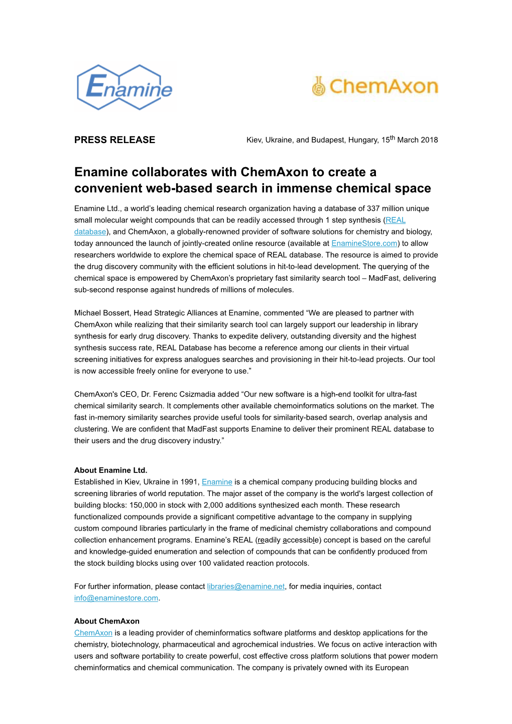 Press Release. Enamine Collaborates with Chemaxon to Provide