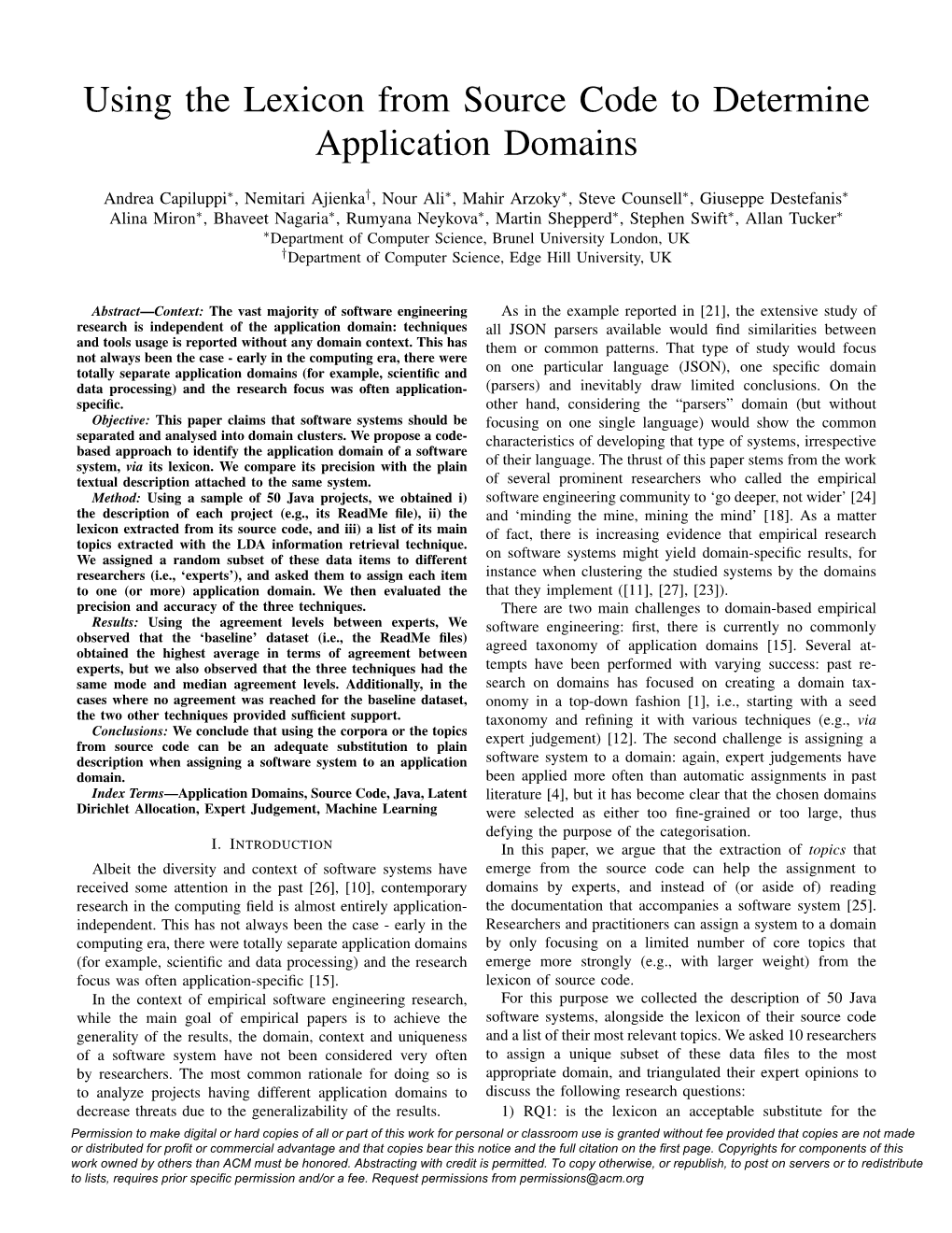 Using the Lexicon from Source Code to Determine Application Domains