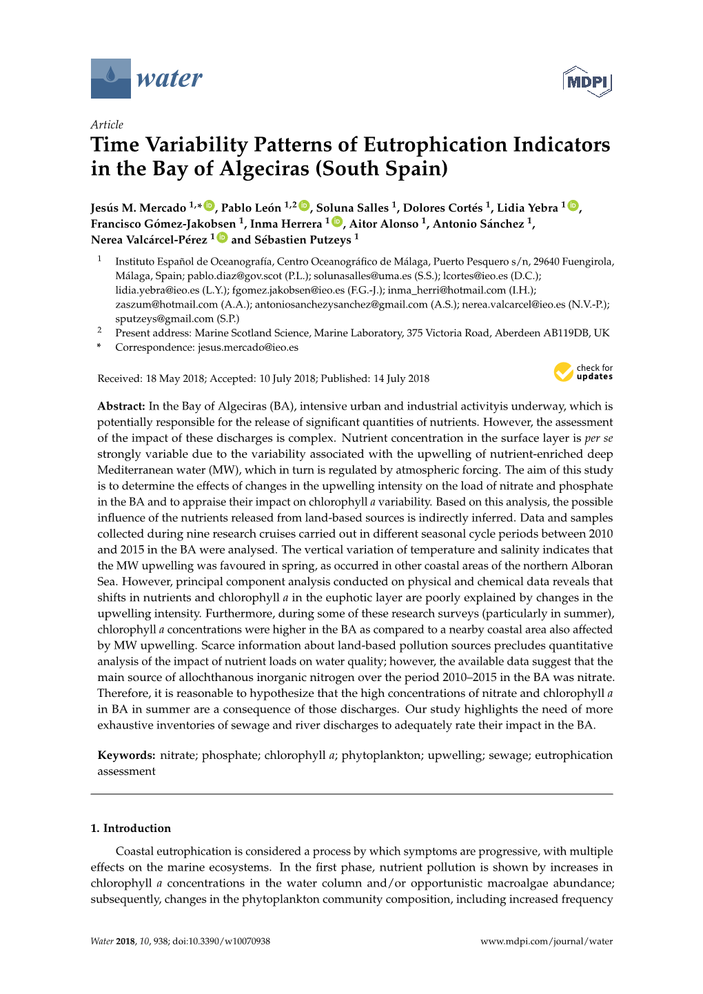 Time Variability Patterns of Eutrophication Indicators in the Bay of Algeciras (South Spain)
