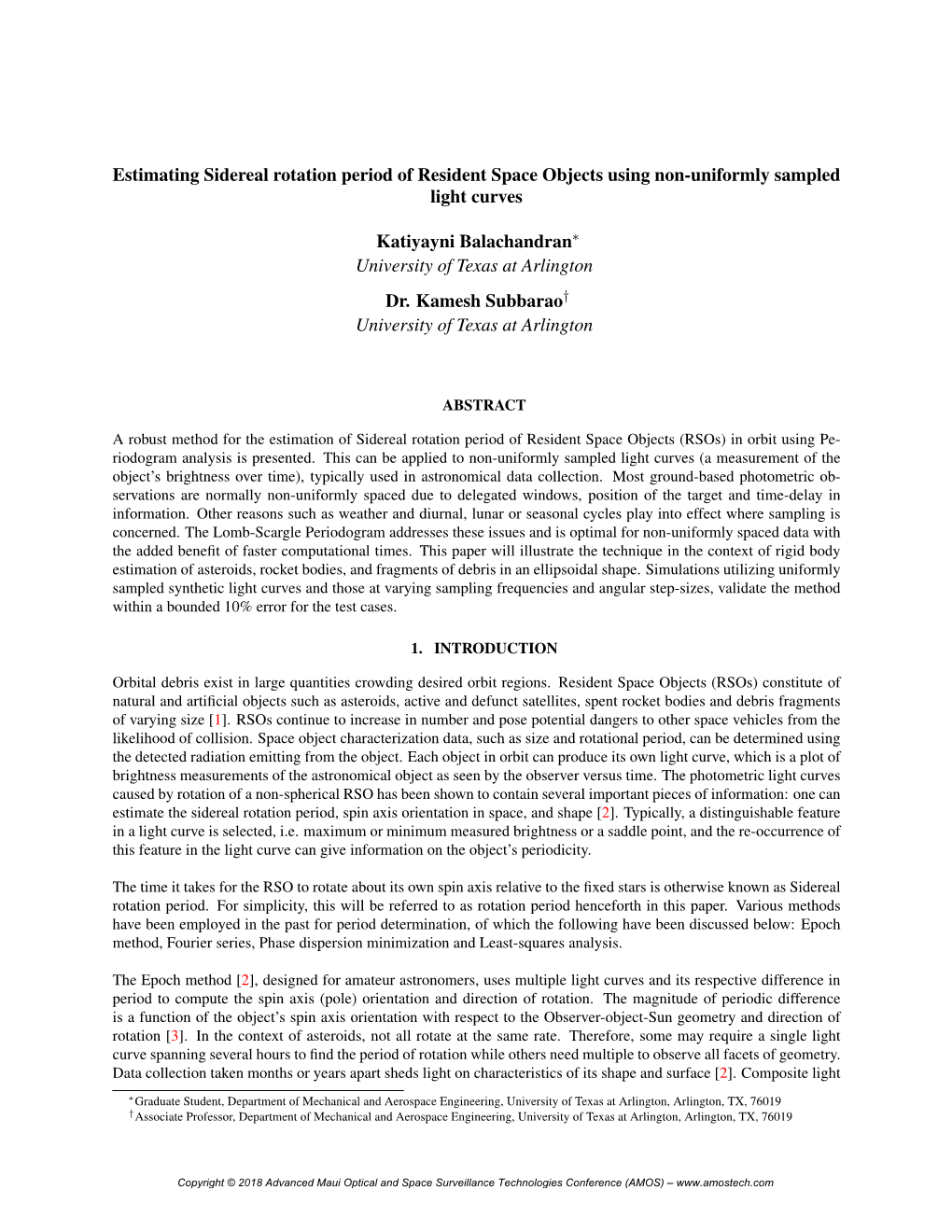 Estimating Sidereal Rotation Period of Resident Space Objects Using Non-Uniformly Sampled Light Curves Katiyayni Balachandran Un