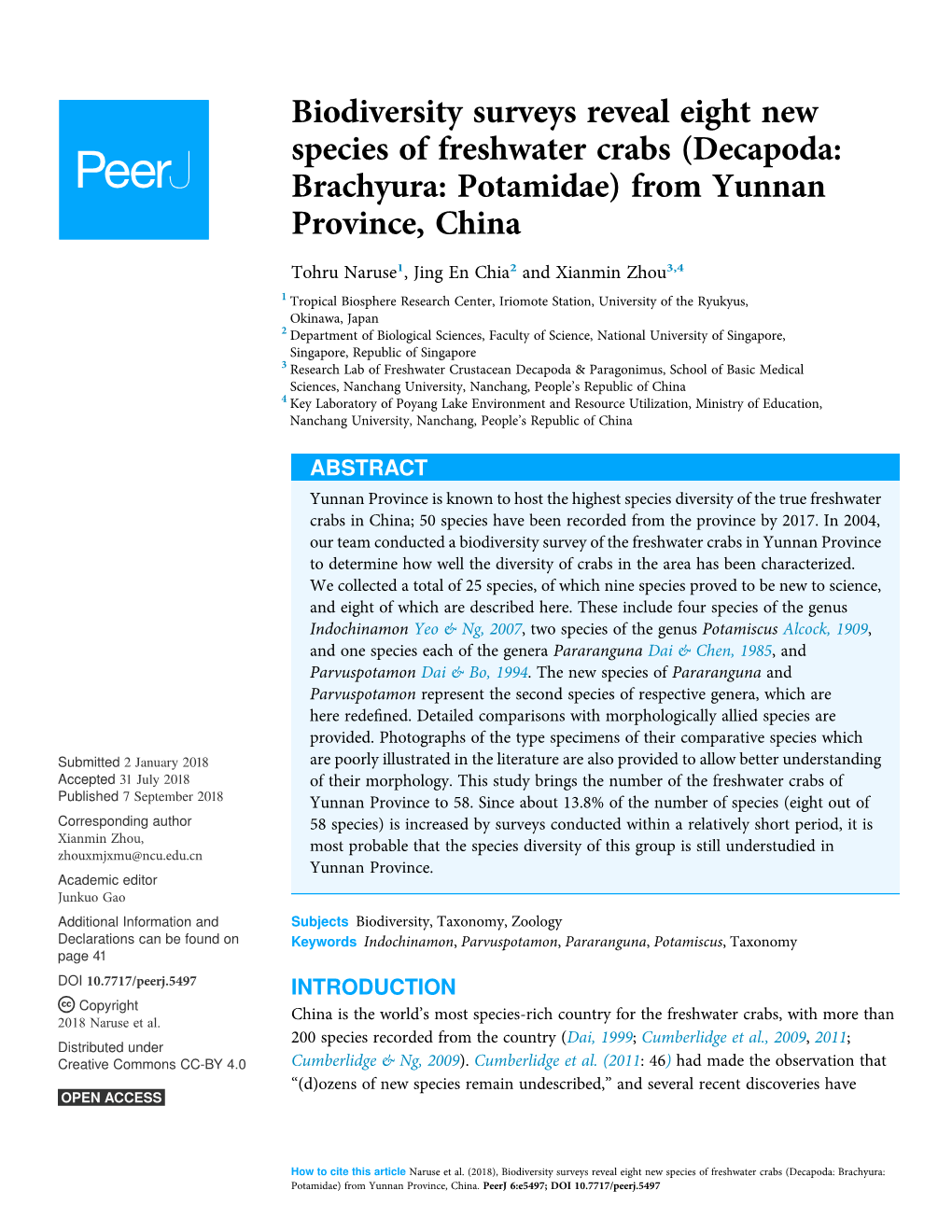 Biodiversity Surveys Reveal Eight New Species of Freshwater Crabs (Decapoda: Brachyura: Potamidae) from Yunnan Province, China