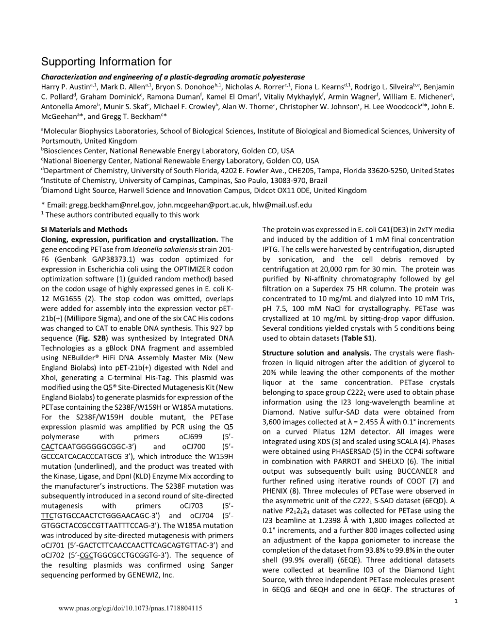 Supporting Information for Characterization and Engineering of a Plastic-Degrading Aromatic Polyesterase Harry P