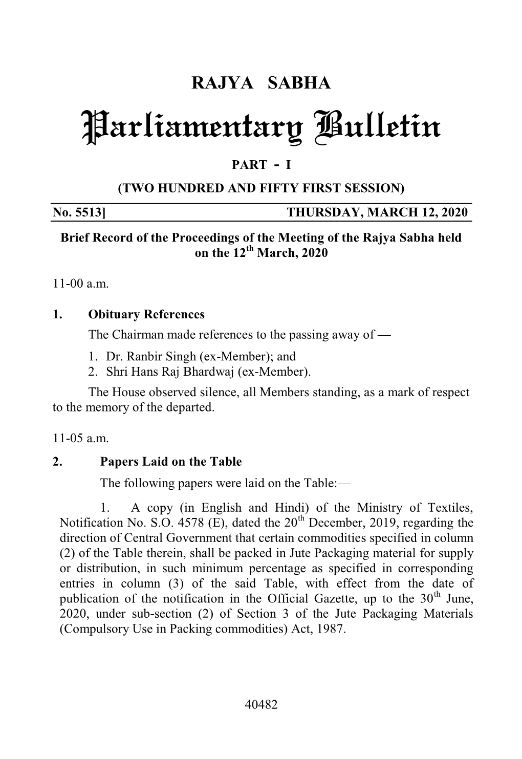 RAJYA SABHA Parliamentary Bulletin