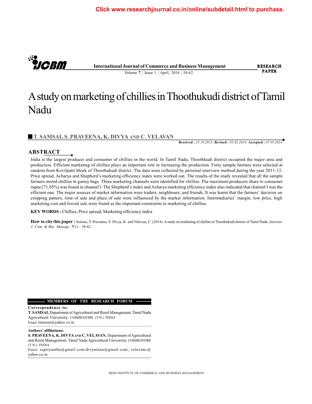 A Study on Marketing of Chillies Inthoothukudi District of Tamil Nadu