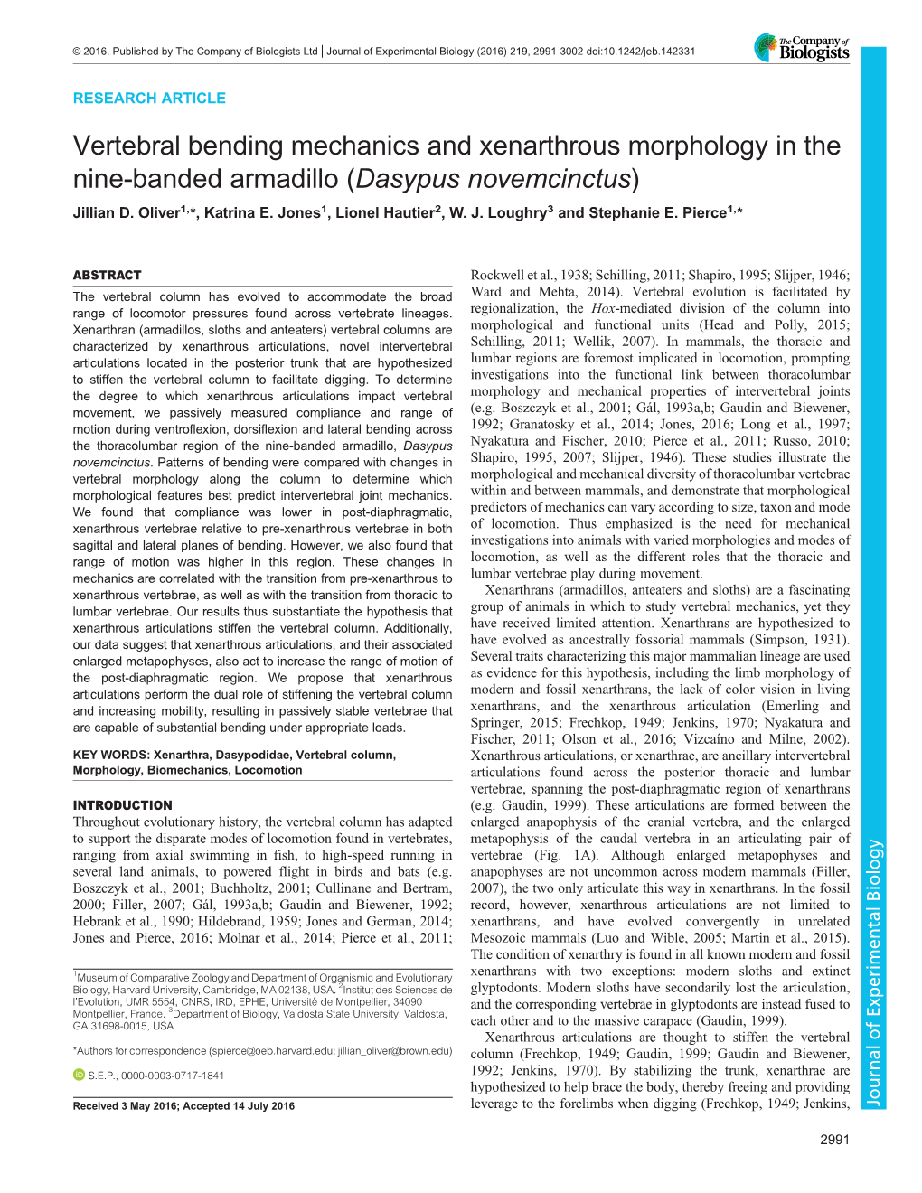 Vertebral Bending Mechanics and Xenarthrous Morphology in the Nine-Banded Armadillo (Dasypus Novemcinctus) Jillian D