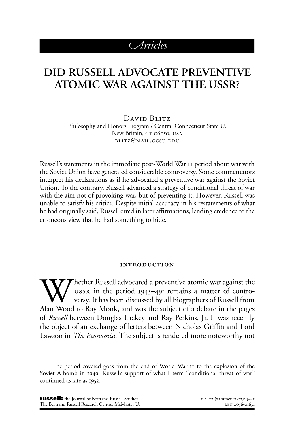 Did Russell Advocate Preventive Atomic War Against the Ussr?