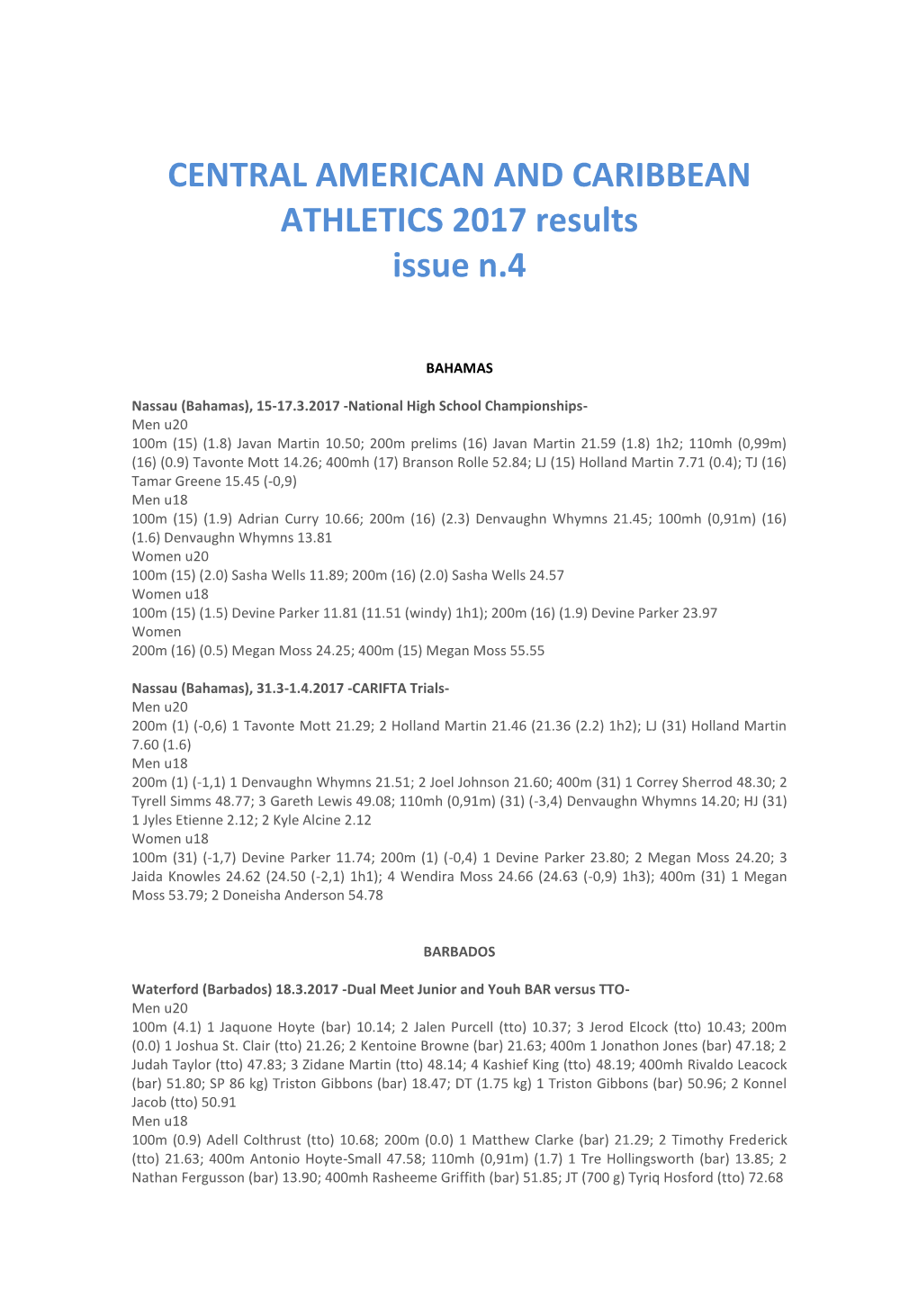 CENTRAL AMERICAN and CARIBBEAN ATHLETICS 2017 Results Issue N.4