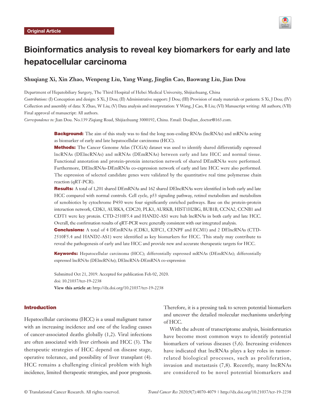 Bioinformatics Analysis to Reveal Key Biomarkers for Early and Late Hepatocellular Carcinoma