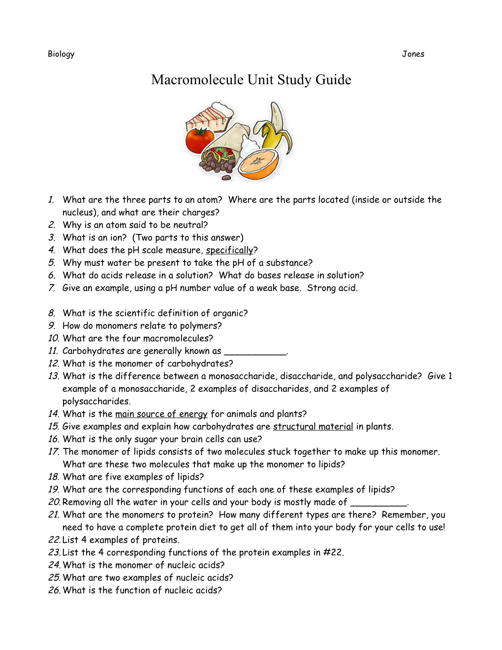 Macromolecule Unit Study Guide