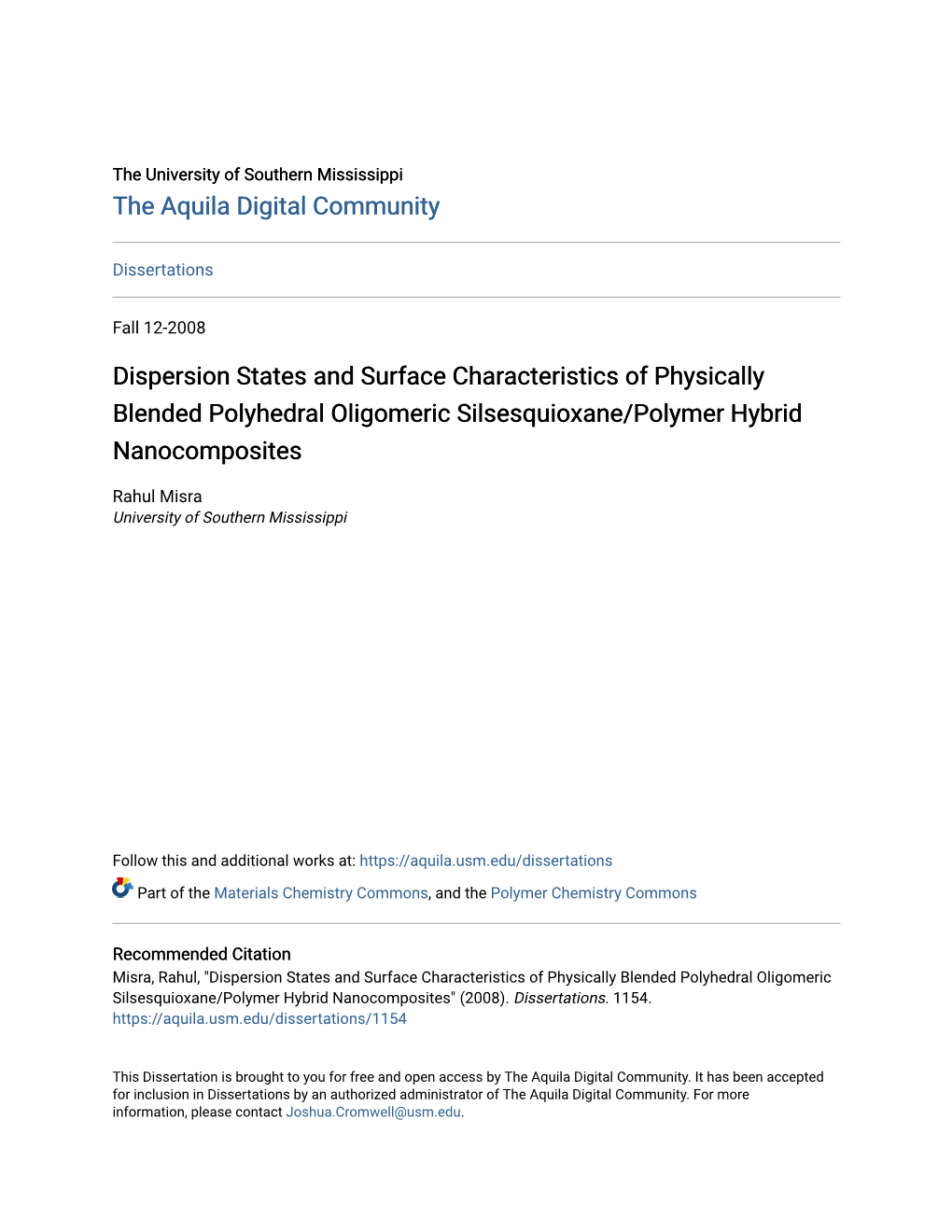 Dispersion States and Surface Characteristics of Physically Blended Polyhedral Oligomeric Silsesquioxane/Polymer Hybrid Nanocomposites