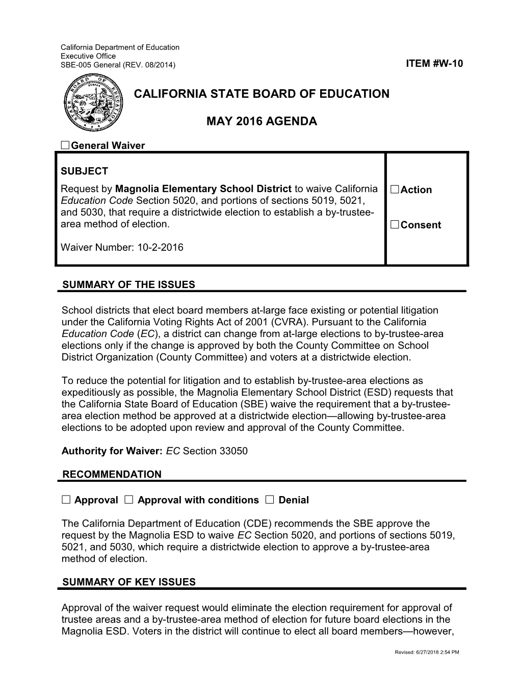 May 2016 Waiver Item W-10 - Meeting Agendas (CA State Board of Education)