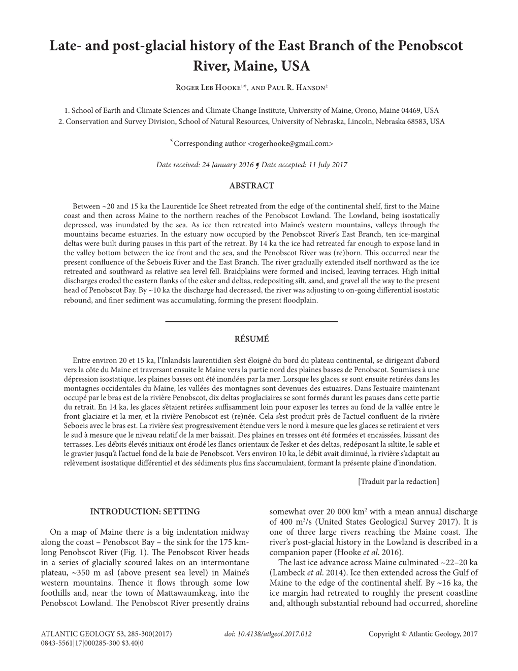 Late- and Post-Glacial History of the East Branch of the Penobscot River, Maine, USA