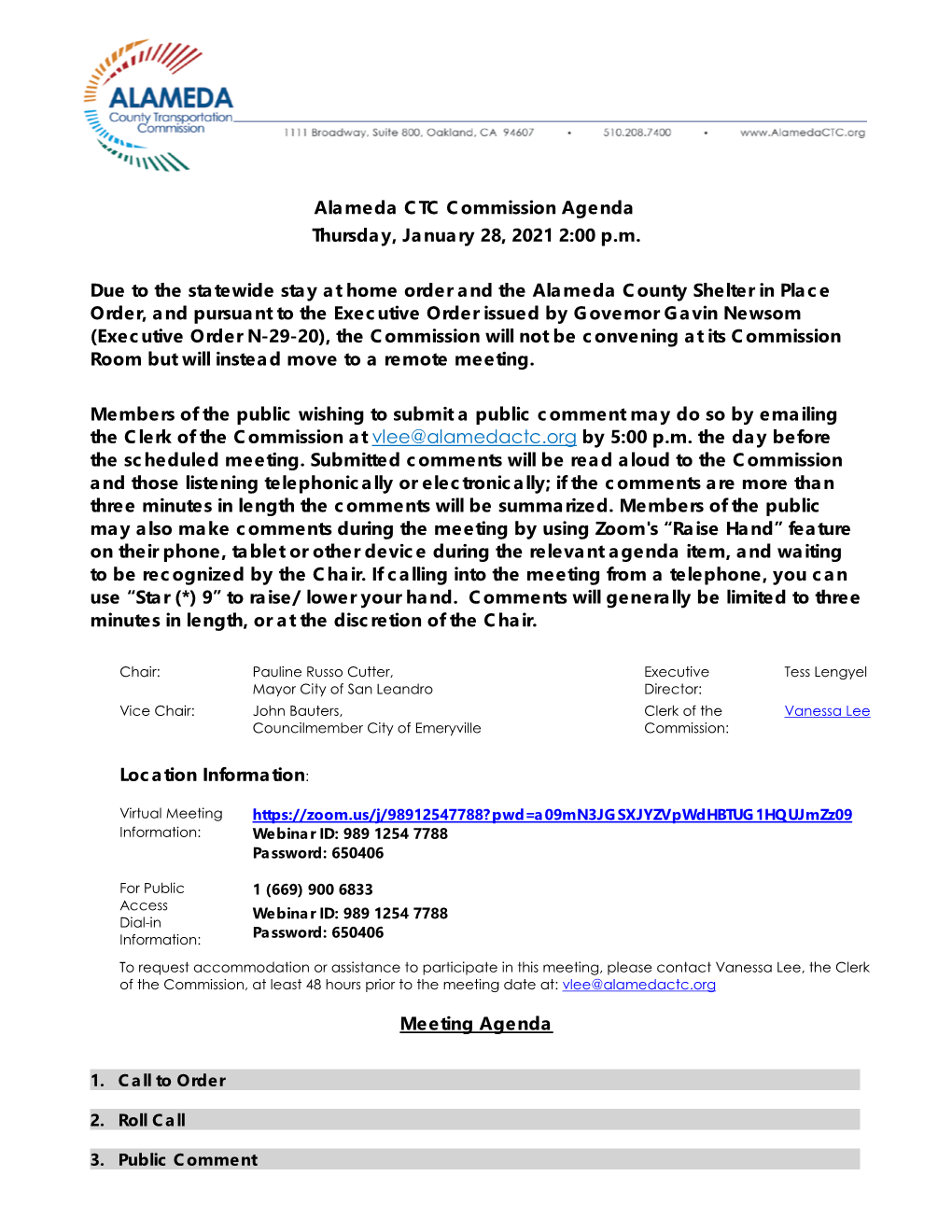Alameda CTC Commission Agenda Thursday, January 28, 2021 2:00 P.M