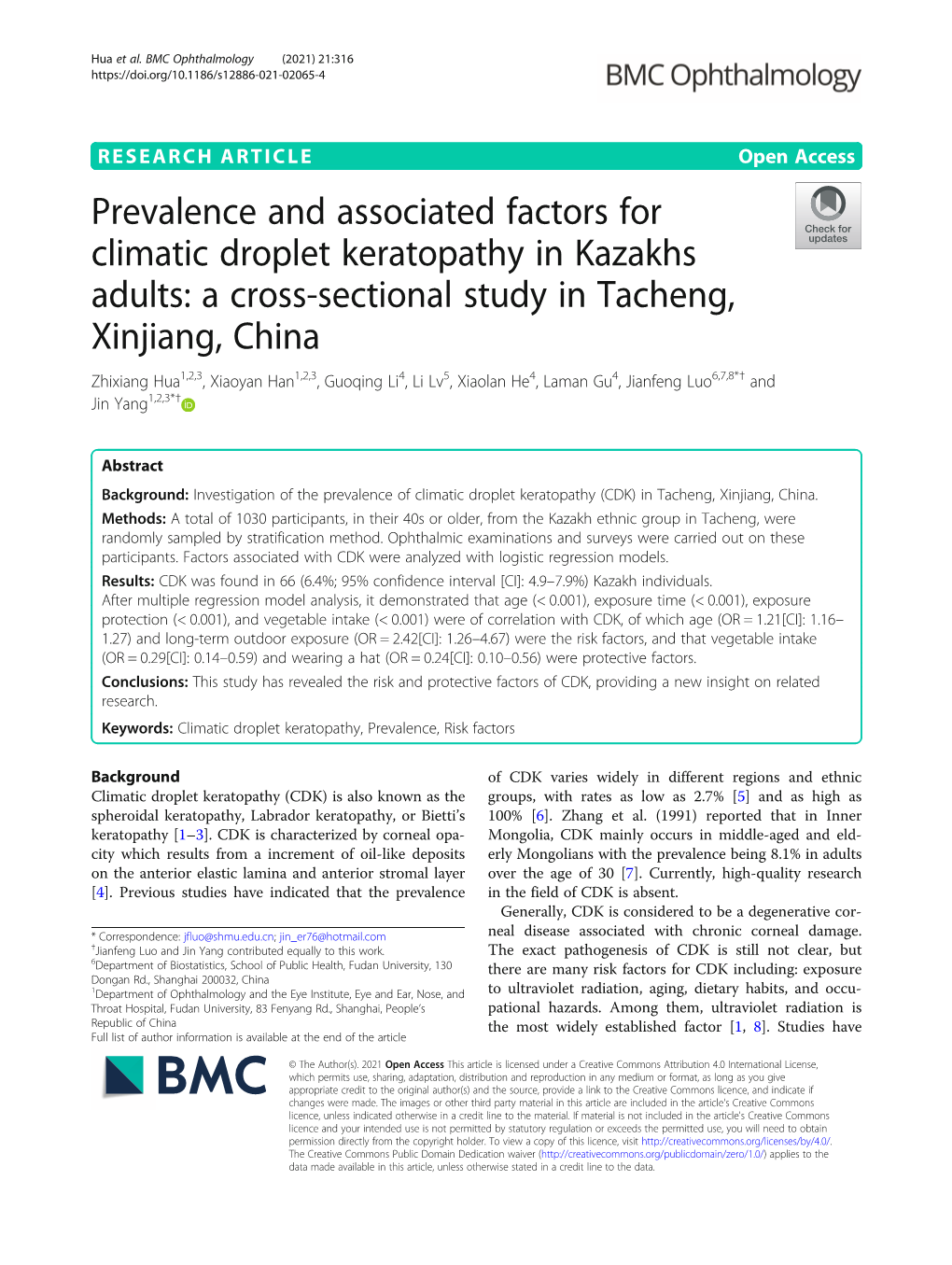 Prevalence and Associated Factors for Climatic Droplet Keratopathy In