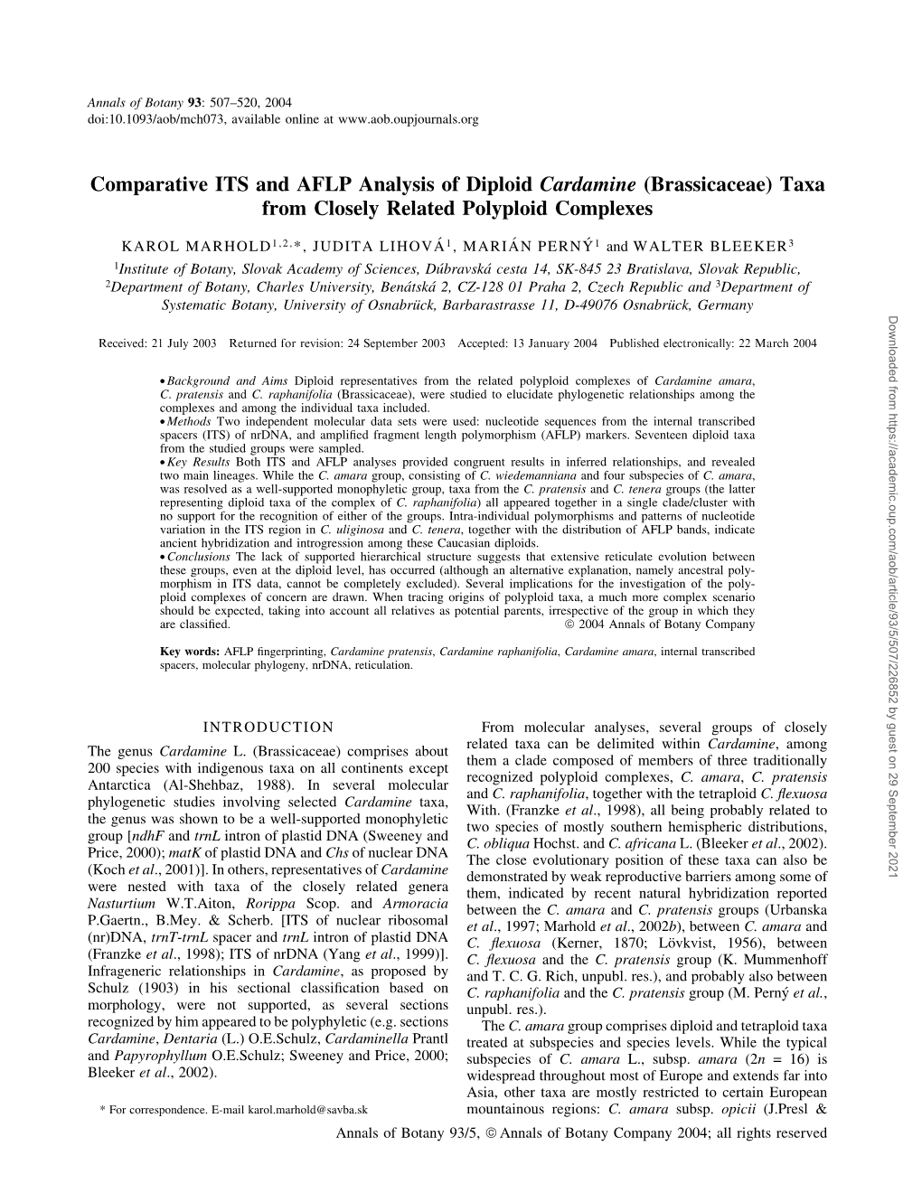 Comparative ITS and AFLP Analysis of Diploid Cardamine (Brassicaceae) Taxa from Closely Related Polyploid Complexes