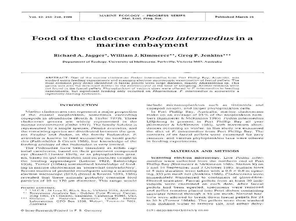 Food of the Cladoceran Podon Intermedius in a Marine Embayment