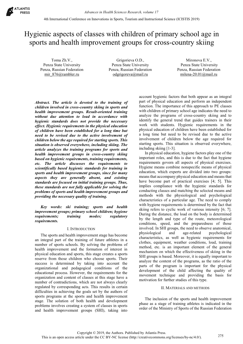 Hygienic Aspects of Classes with Children of Primary School Age in Sports and Health Improvement Groups for Cross-Country Skiing