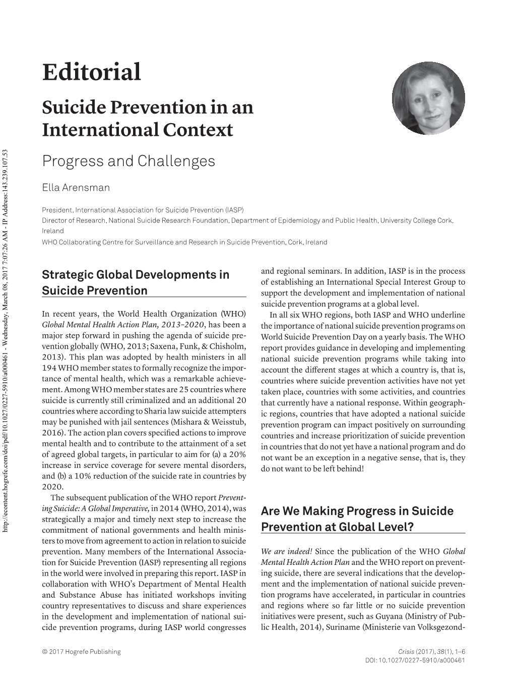 Suicide Prevention in an International Context Progress and Challenges