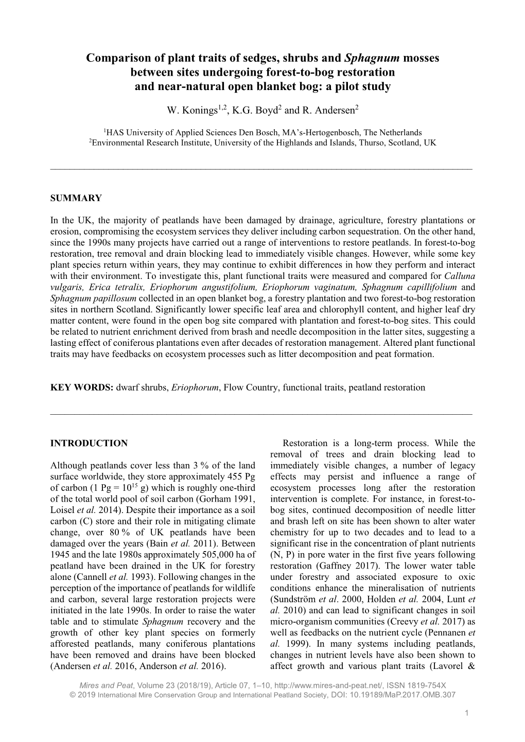 Comparison of Plant Traits of Sedges, Shrubs and Sphagnum Mosses Between Sites Undergoing Forest-To-Bog Restoration and Near-Natural Open Blanket Bog: a Pilot Study