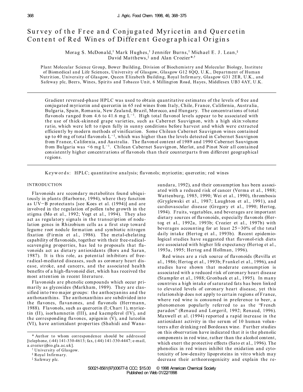 Survey of the Free and Conjugated Myricetin and Quercetin Content of Red Wines of Different Geographical Origins