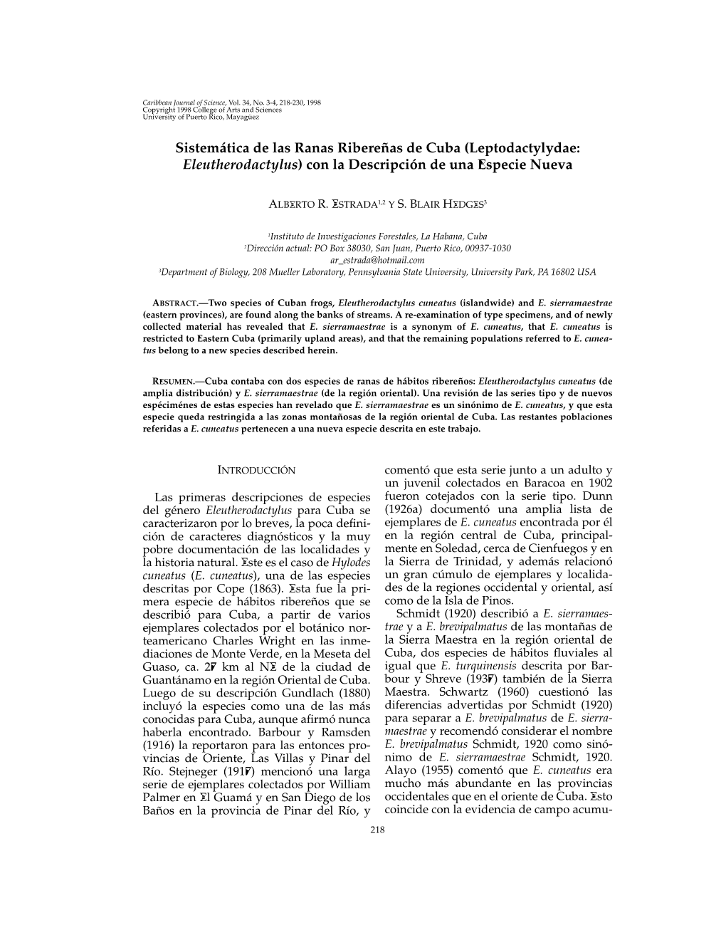 Sistemática De Las Ranas Ribereñas De Cuba (Leptodactylydae: Eleutherodactylus) Con La Descripción De Una Especie Nueva