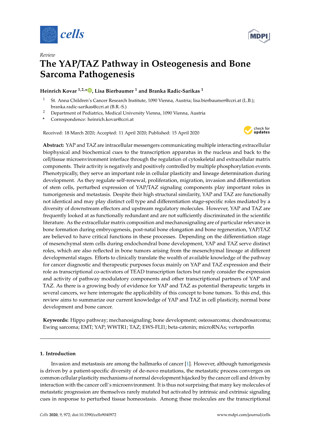 The YAP/TAZ Pathway in Osteogenesis and Bone Sarcoma Pathogenesis