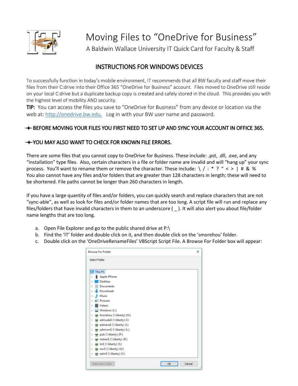 Moving Files to “Onedrive for Business” a Baldwin Wallace University IT Quick Card for Faculty & Staff