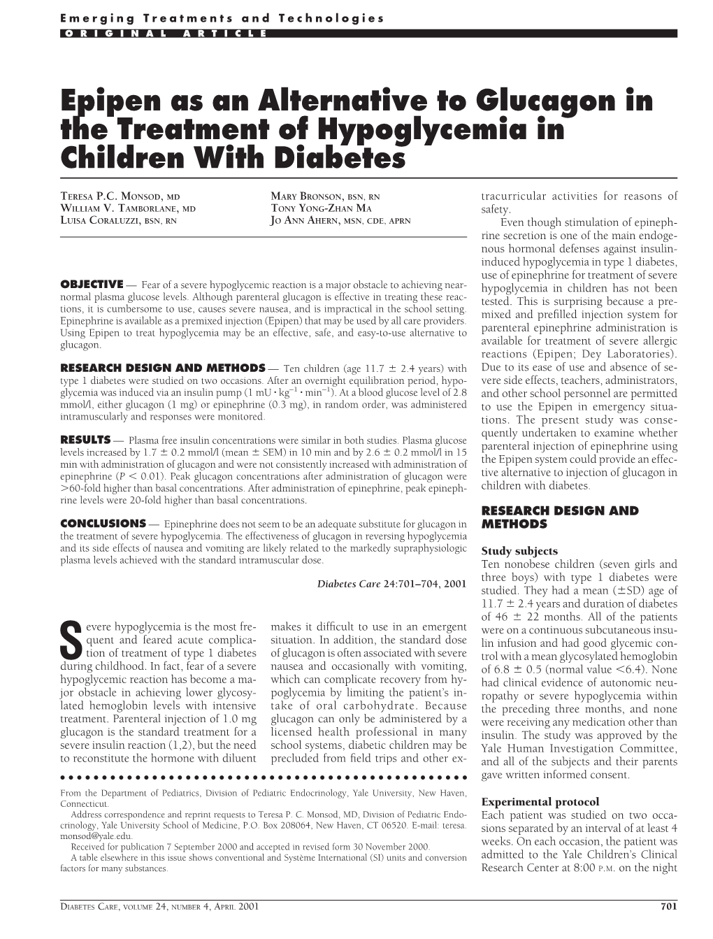 Epipen As an Alternative to Glucagon in the Treatment of Hypoglycemia in Children with Diabetes