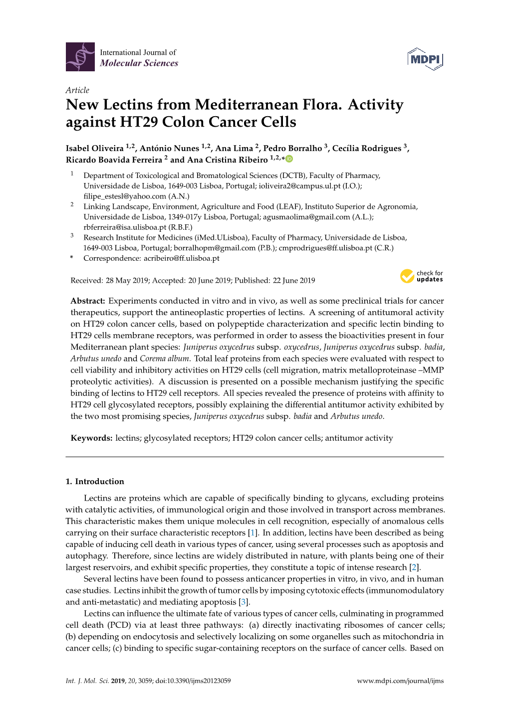 New Lectins from Mediterranean Flora. Activity Against HT29 Colon Cancer Cells
